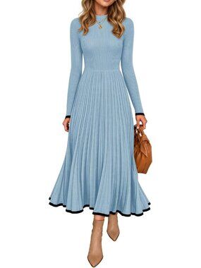 🆕 Women's Light Blue Ribbed Knit Long Sleeve Pleated A-Line Midi Dress Trim